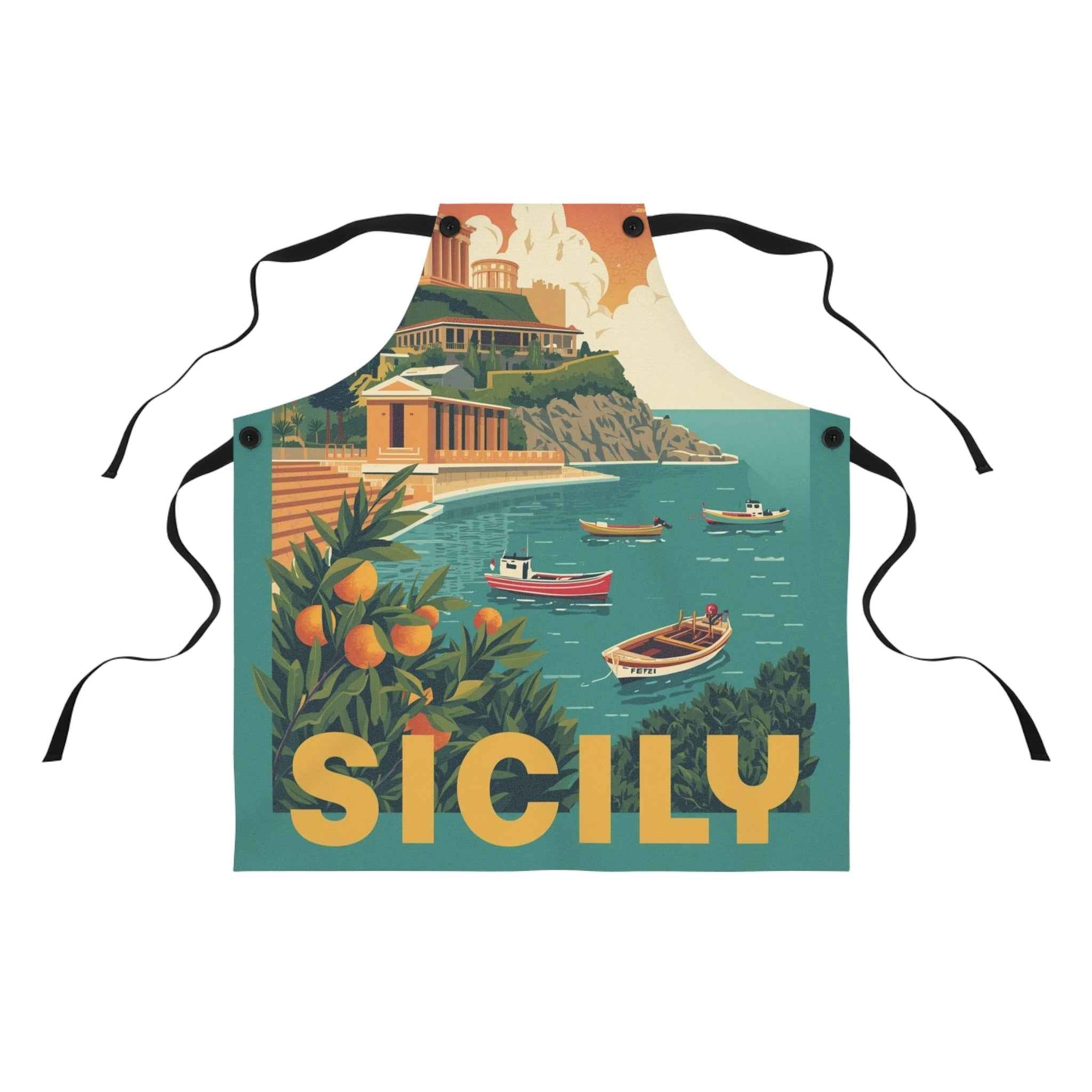 Sicily Vintage Travel Apron — Coastal Retro Kitchen Gift